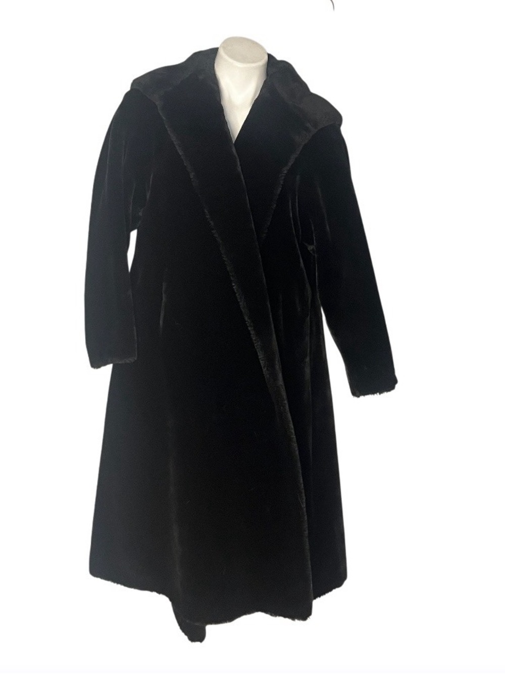 Vintage Black Plush Faux Fur Hooded Long Coat Swing Cut Fits Size Large